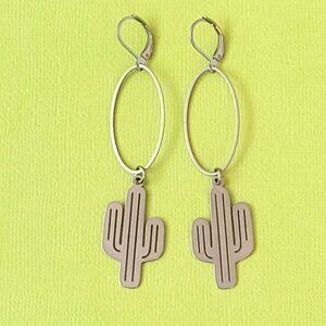SAGUARO CACTUS Oval Charm Earrings Stainless Steel Lever Back Western Cowgirl